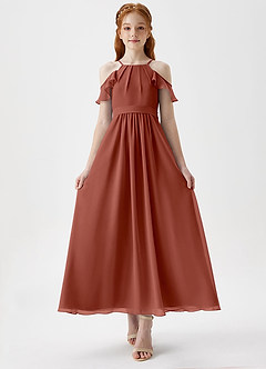 Azazie Chaya Junior Jurk van Chiffon met A-Lijn Off the Shoulder Kastanjebruin image4
