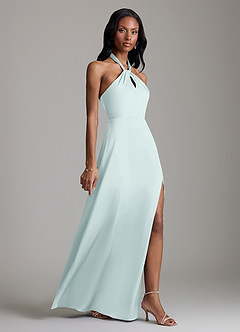 Azazie Tracie Bridesmaid Dresses Mist A-Line Side Slit Stretch Satin Dress image3