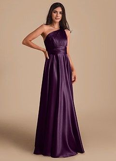 Azazie Charlize Bridesmaid Dresses Plum A-Line One Shoulder Metallic Satin Dress image3