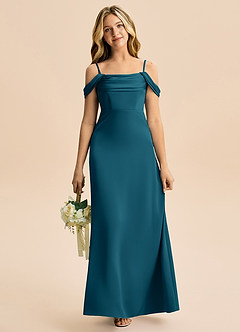 Azazie Lettie Junior Jurk van Stretch Satijn met A-Lijn Off-shoulder Inkt Blauw image2