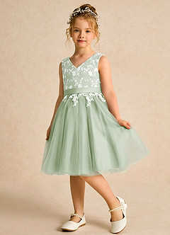 Azazie Butterfly Flower Girl Dresses Dusty Sage A-Line Lace Dress image4