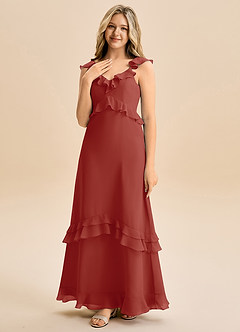 Azazie Tavie Junior Vestido de Terracota de Gasa de Corte en A con Volante image3