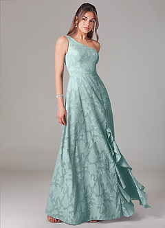 Azazie Ellianna 신부 들러리 드레스 A라인 한쪽 어깨 플로럴 번아웃 바닥 길이 드레스 image3