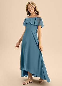 Azazie Maggie Junior A-Linie Schulterfrei Chiffon Kleid Bermudablau image4