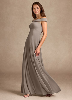 Azazie Ewa Mother of the Bride Dresses Taupe A-Line Off the Shoulder Mesh Dress image2