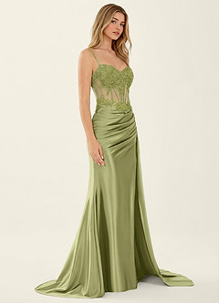 Celestianora Green Corset Stretch Satin Mermaid High Slit Prom Dress image3