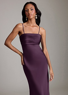 Azazie Saylor Vestidos de damas de honor Vestido de Ciruela de Satén Elástico de Corte Sirena con Sin tirantes image3