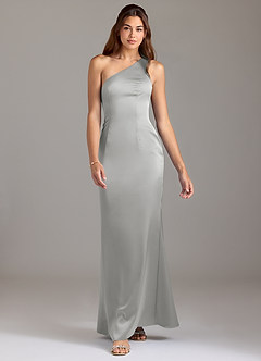 Azazie Arleth Bridesmaid Dresses Silver A-Line One Shoulder Stretch Satin Dress image3