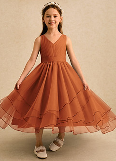 Azazie Seraphina Robe Demoiselle D'honneur Fillette Robe Trapèze en Tulle Plissée Cannelle image4