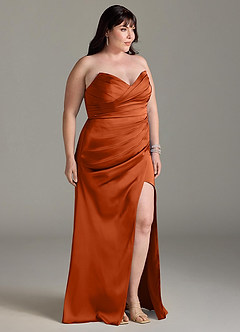 Azazie Yola Bridesmaid Dresses Burnt Orange Sheath V-Neck Pleated Stretch Satin Convertible Dress image12