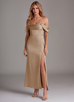 Azazie Saige Bridesmaid Dresses Taupe Mermaid Off the Shoulder Stretch Satin Dress image3