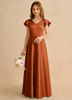 Azazie Nari Girls Formal Flower Girl Dresses Burnt Orange A-Line with Sleeves Matte Satin Dress image3