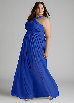Azazie Hillian Bridesmaid Dresses Royal Blue A-Line Halter Pleated Mesh Dress image10