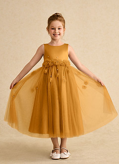 Azazie Lux Flower Girl Dresses Butterscotch A-Line Beaded Tulle Dress image4