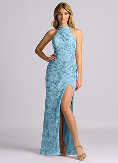 Azazie Jemma Bridesmaid Dresses Blue Fern Floral Sheath Pleated Chiffon Dress image5
