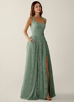 Megan Aloe Grün Spitzen-A-Linien-Abendkleid image4