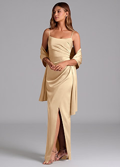 Azazie Calandra Bridesmaid Dresses Champagne A-Line Pleated Stretch Satin Dress image5