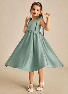 Azazie Chelsie Flower Girl Dresses Silver Sage A-Line Bow Matte Satin Dress image3