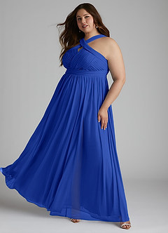 Azazie Hillian Bridesmaid Dresses Royal Blue A-Line Halter Pleated Mesh Dress image11