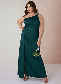 Azazie Mika Bridesmaid Dresses Pine Sheath One Shoulder Stretch Satin Dress image8