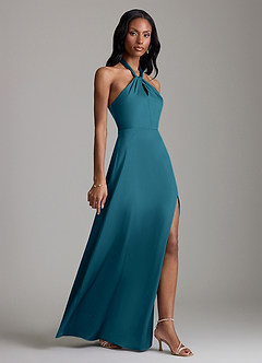 Azazie Tracie Bridesmaid Dresses Ink Blue A-Line Side Slit Stretch Satin Dress image3