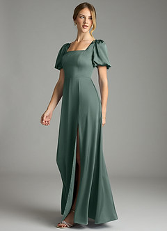 Azazie Fyona Bridesmaid Dresses Sea Moss A-Line Pleated Stretch Satin Dress image4
