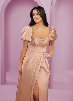 Barbie ♥ Azazie Bridesmaid Dresses Rose Gold A-Line Ruched Stretch Satin Dress image10