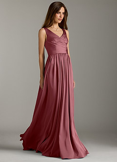 Azazie Keyla Robes de demoiselle d'honneur Robe Trapèze en Satin extensible Plissée Rose Du Désert image1