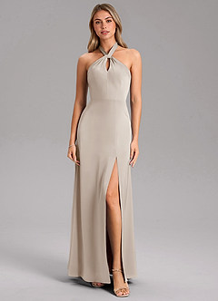 Azazie Tracie Robes de demoiselle d'honneur Robe Trapèze en Satin extensible Fente Latérale Givre image5