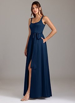 Azazie Elliott Bridesmaid Dresses Dark Navy A-Line with Pockets Stretch Satin Dress image4