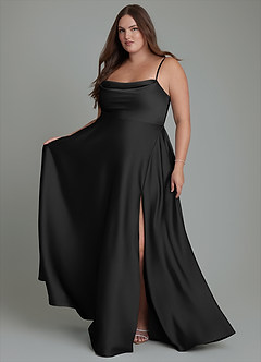 Azazie Elle Bridesmaid Dresses Black A-Line Pleated Stretch Satin Dress image8
