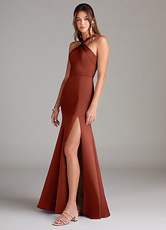 Azazie Rue Bridesmaid Dresses Terracotta A-Line Pleated Stretch Satin Dress image5