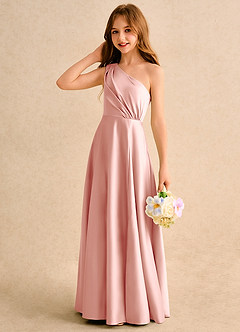 Azazie Puddles Girls Formal Flower Girl Dresses Rosette A-Line One Shoulder Matte Satin Dress image6