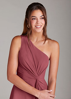 Azazie Brooke Vestidos de damas de honor Vestido de Merlot de Gasa de Corte en A con Hombro unilateral image4