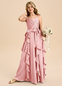 Azazie Peyton Junior Powder Pink A-Line Pleated Stretch Satin Dress image2