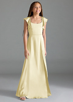 Azazie Bondi Junior Lemon Sorbet A-Line Side Slit Stretch Satin Dress image3