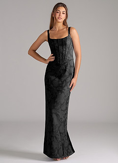 Azazie Kenna Bridesmaid Dresses Black Sheath Side Slit Floral Burnout Dress image1