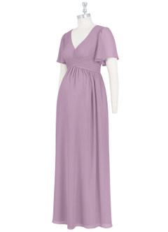 Azazie Verna Robes de demoiselle d'honneur de maternité Robe Trapèze Col V froncé Longueur ras du sol Mousseline de soie image9