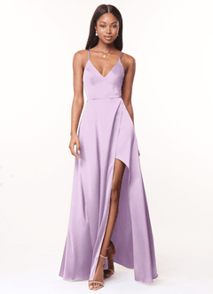 Azazie Maksim Bridesmaid Dresses Frosted Lilac A-Line V-Neck Stretch Satin Dress image1