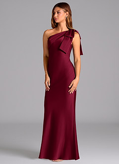 Azazie Yuanna Vestidos de damas de honor Vestido de Borgoña de Satén Elástico de Corte Sirena con Hombro unilateral image4
