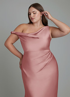 Azazie Emerson Vestidos de madrinha de casamento Vestido Rosa Empoeirada de Cetim elástico de sereia com Ombros Caídos image12