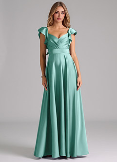 Azazie Leilani Bridesmaid Dresses Aqua A-Line Ruched Stretch Satin Dress image3