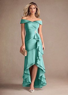 Azazie Billings Mère de la mariée Robes Robe Sirène en Satin extensible Épaule décolletée Aqua image1