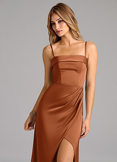 Azazie Aretha Robes de demoiselle d'honneur Robe Trapèze Convertible en Satin extensible Sans bretelles Cuivre image2