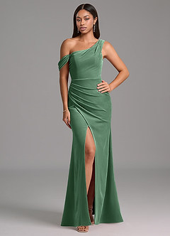 Azazie Madelyn Bridesmaid Dresses Eucalyptus Sheath One Shoulder Velvet Dress image1