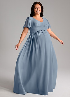 Azazie Verna Robes de demoiselle d'honneur de maternité Robe Trapèze Col V froncé Longueur ras du sol Mousseline de soie image9