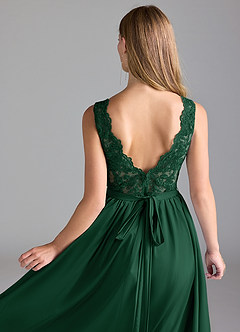 Azazie Elly Bridesmaid Dresses Dark Green A-Line Lace Stretch Satin Dress image6