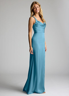 Azazie Elida Bridesmaid Dresses Steel Blue Sheath Pleated Stretch Satin Dress image3