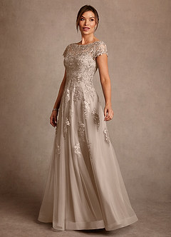 Azazie Jalinda Mother of the Bride Dresses Taupe A-Line Lace Chiffon Dress image4