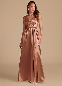 Azazie Tanicia Bridesmaid Dresses Bronzer A-Line Pleated Metallic Satin Dress image1
